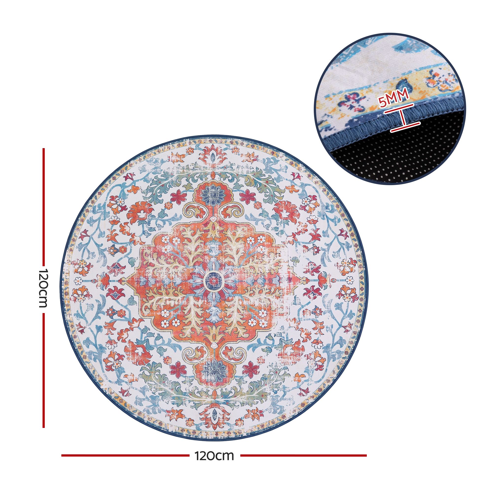 Artiss 120 cm Round Rugs for Living Room With Silicone Dots Grip For Bedroom Entryway 5mm Ultra Thin Foldable Machine Washable Vintage Boho Floor Carpet โ image 2