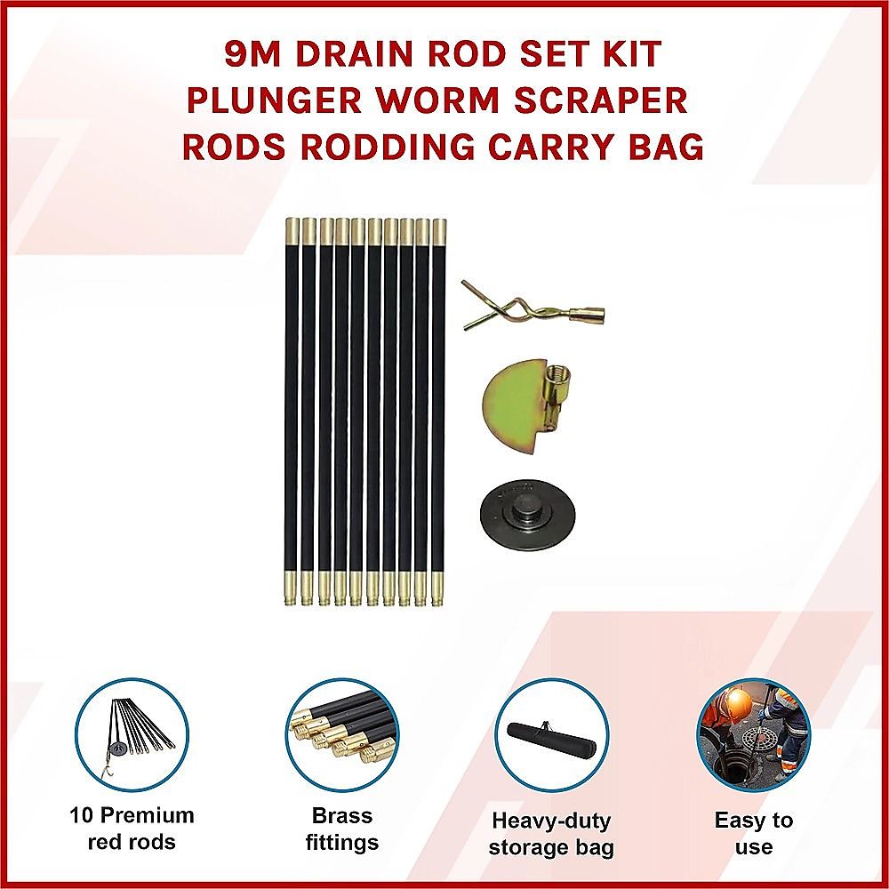 9m Drain Rod Set Kit Plunger Worm Scraper Cleaning Rods Rodding Carry Bag โ image 4