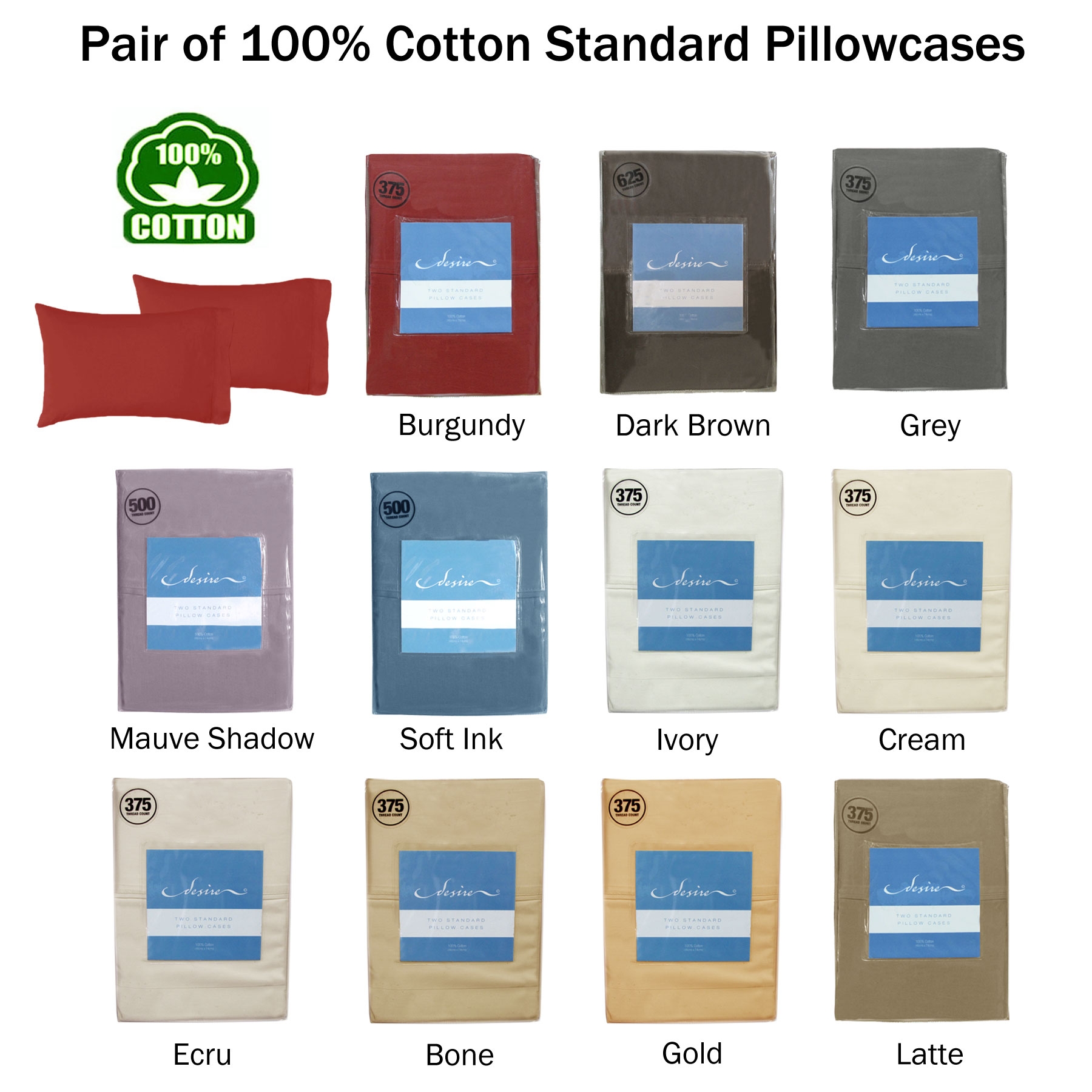 Pair of Cotton Standard Pillowcases 375TC Burgundy — image 2