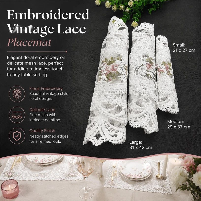 Classic Embroidered Lace Edge Placemat, Apricot Off White, Size S 21*27CM — image 5