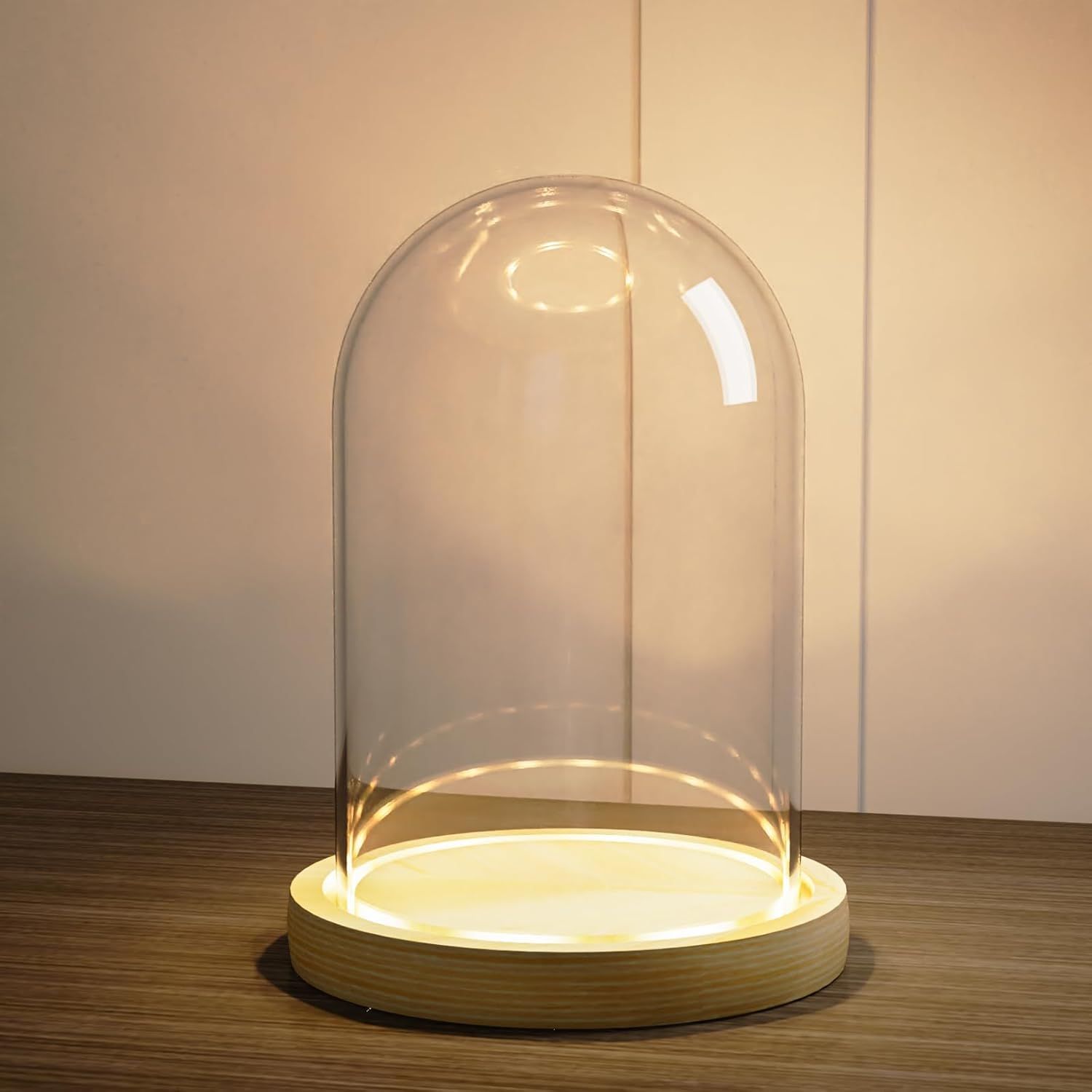 Glass niche dome with wooden LED lamp base, transparent display dome, countertop glass niche display cabinet, small statue, souvenir, plant, ideal — image 3