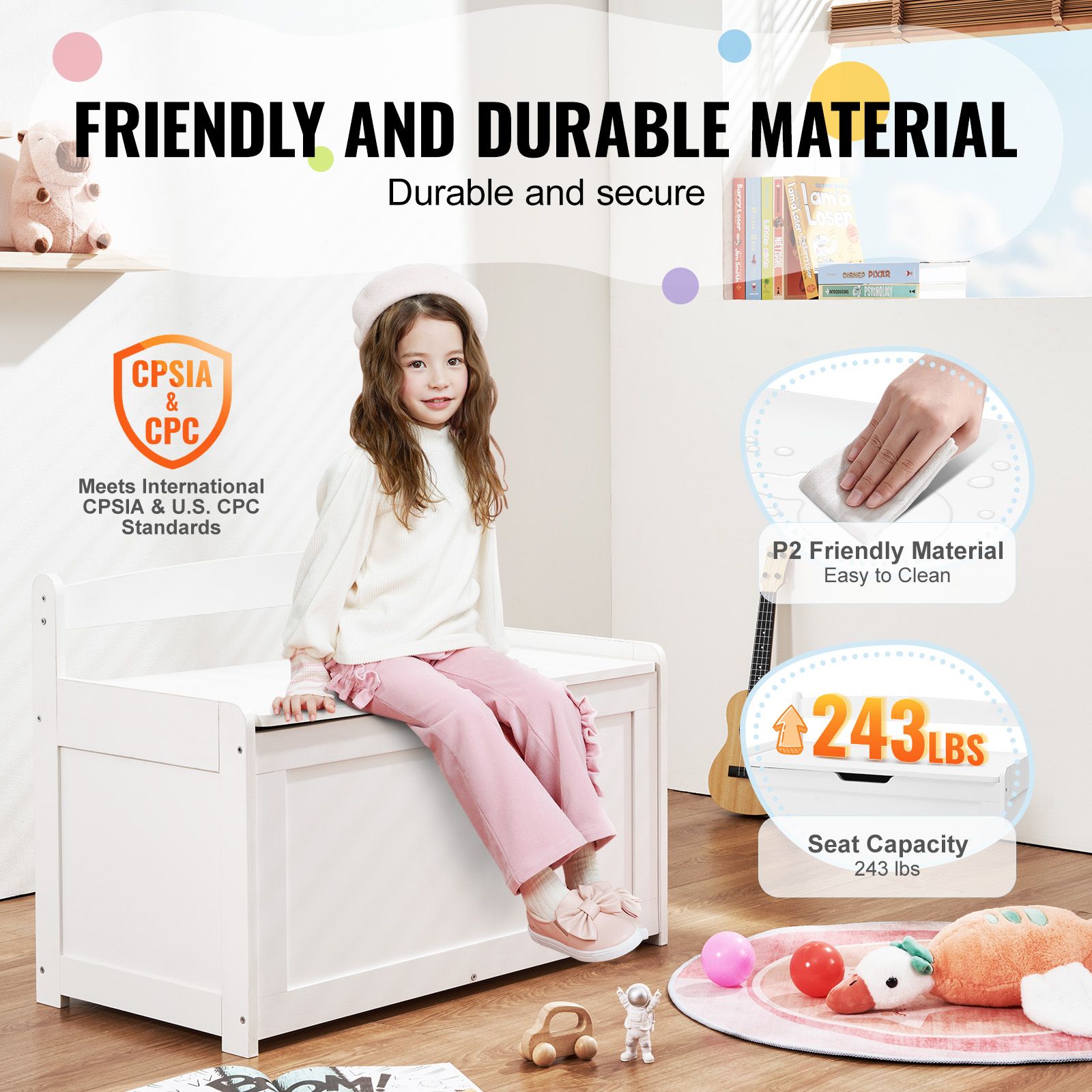 Kids Toy Storage Bench Wooden Toy Box Chest 32.68 x 17.91 x 24.02" White โ image 5