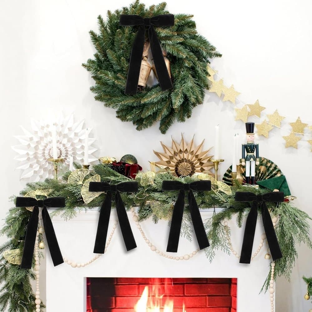 12 Christmas Bows Velvet Tree Decorations in Black, 6 inches — image 2