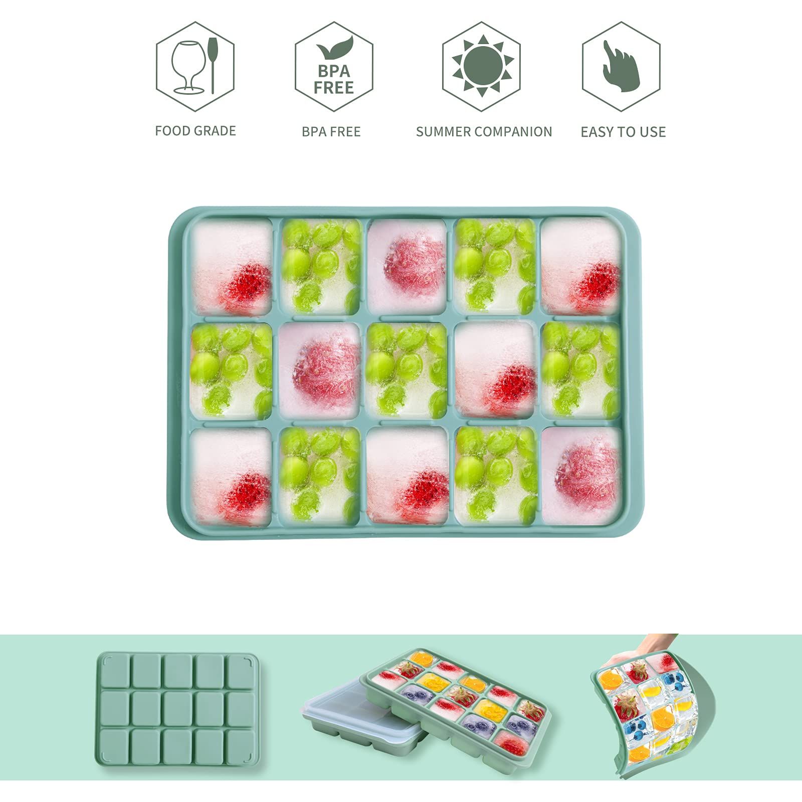 Ice Cube Trays Set of 2, Easy Release 15 Flexible Silicone Ice Cube Molds with Removable Lid Reusable Freezer Ice Trays Stackable — image 2