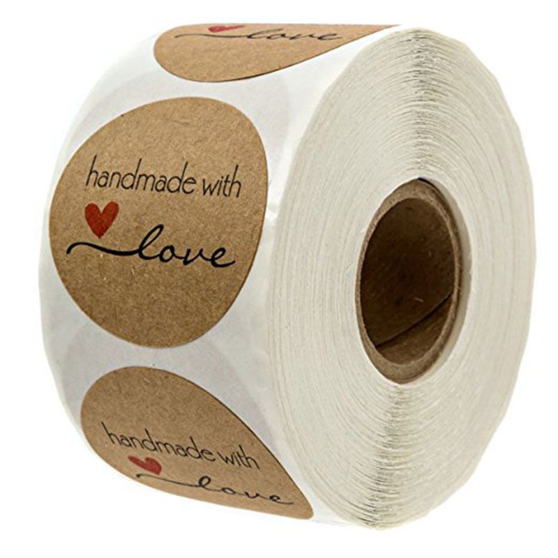 500pcs 1.5 Inch Kraft Handmade with Love Stickers Roll Baking Stickers Self-Adhesive Stickers Labels Roll Decor Tags