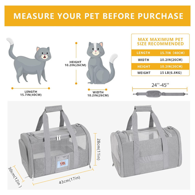 Grey Large Cat & Small Dog Carrier - Soft-Sided, Foldable & Breathable Pet Travel Bag (43 × 30 × 28 cm) — image 5