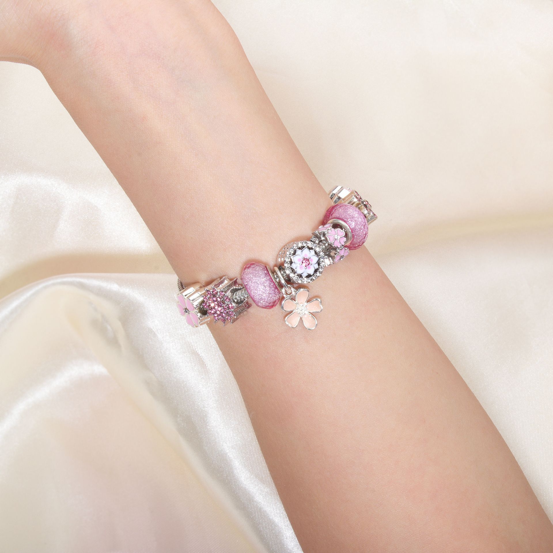 Chic Camellia Bead Charm DIY Bracelet with Crystal(pink flower-16cm) โ image 3