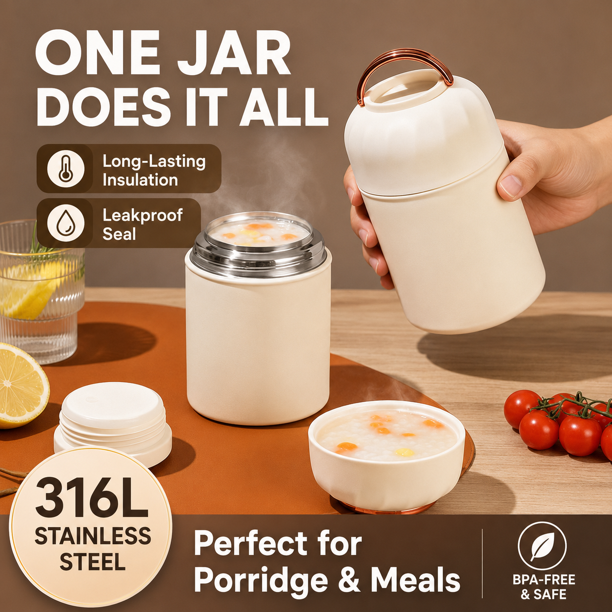 White 850ml Thermal Food Jar with Spoon Portable Insulated Lunch Container Vacuum Soup Cup Leakproof Food Flask for Office Travel Camping Stew Rice โ image 2