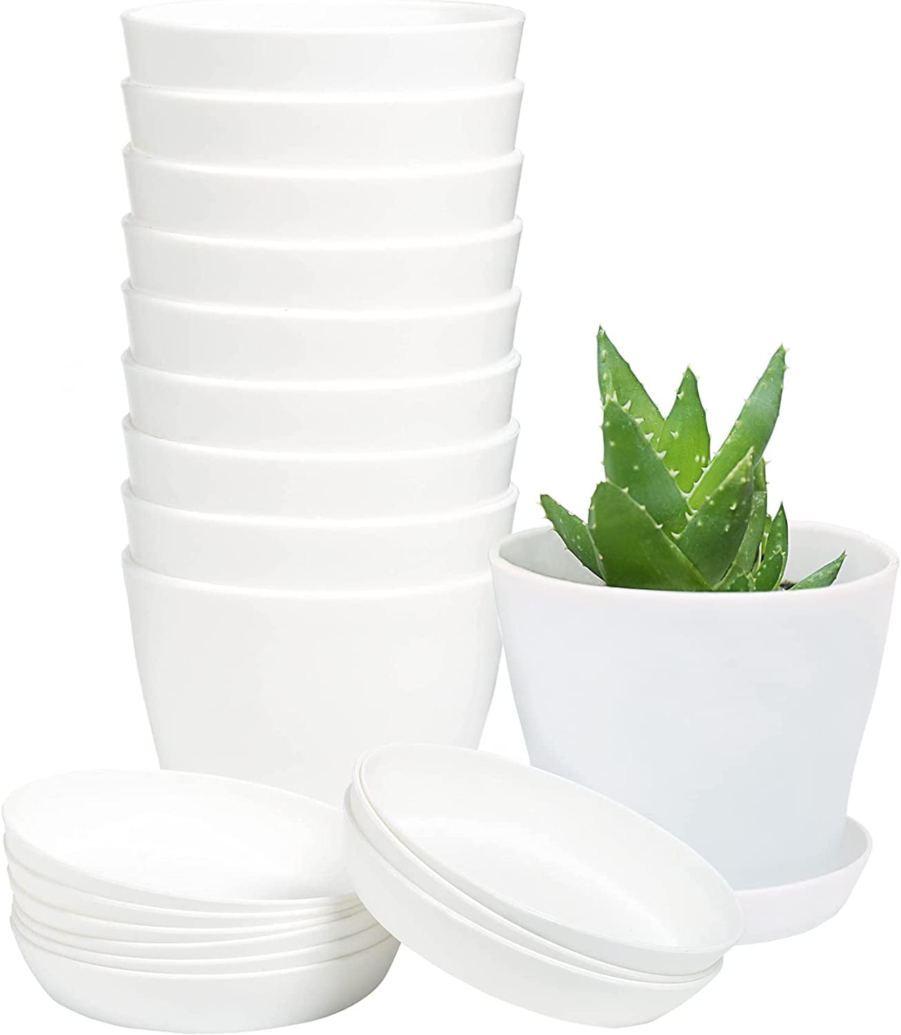 Pots for Plants, 8 Pack 4 inch Plastic Planters with Multiple Drainage Holes and Trays - Plant Pots for All Home Garden Flowers Succulents (White)