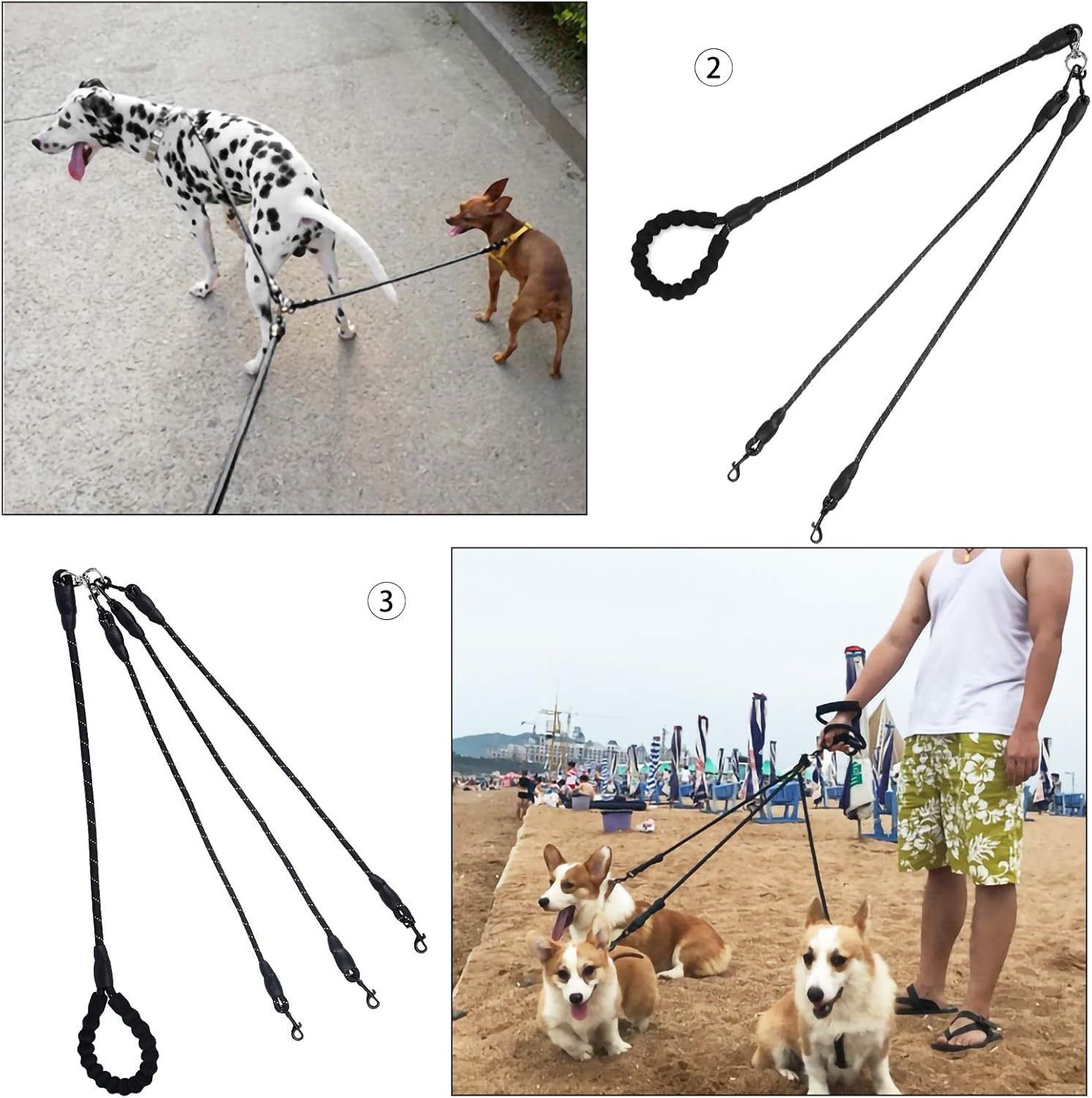 Red 3-in-1 No-Tangle Dog Leash for 1-3 Small Large Dogs – Heavy Duty 360° Swivel Bungee Coupler with Reflective Nylon Braid & Padded Handle — image 6