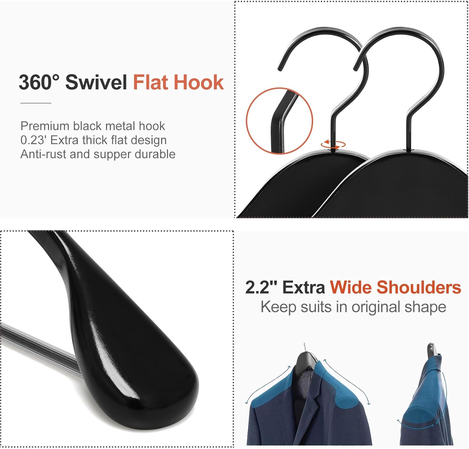 TOPIA HANGER Black Wooden Coat Hanger 6 Pack, Wide Shoulder Wood Suit Hangers with Extra-Thick Flat Hooks & Anti-Slip Pants Bar, Heavy Duty Clothes — image 4
