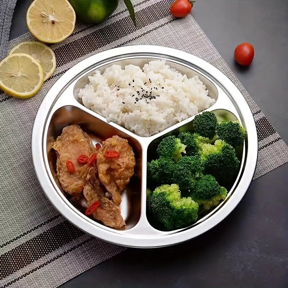 4 Pack Stainless Steel Divided Dinner Plates, 3 Compartment Round BPA Free Portion Trays For Kids And Adults, Camping Picnic, Silver, 23.5 cm โ image 3