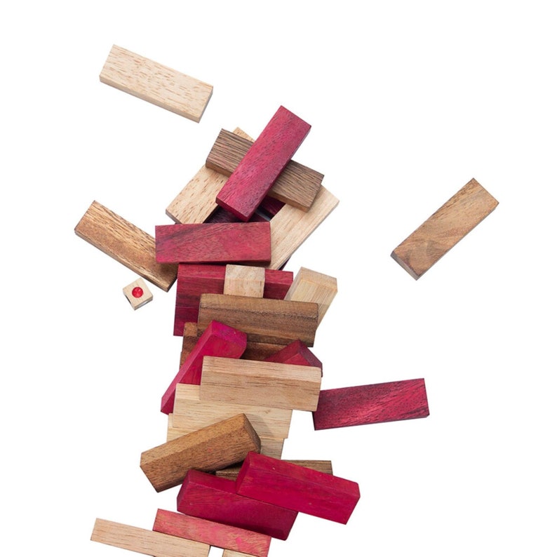 Stacking tumbling blocks wood Red colours balance game with dice play options handmade stacking Fun Board Games Kids Ages 4 to Adults — image 6