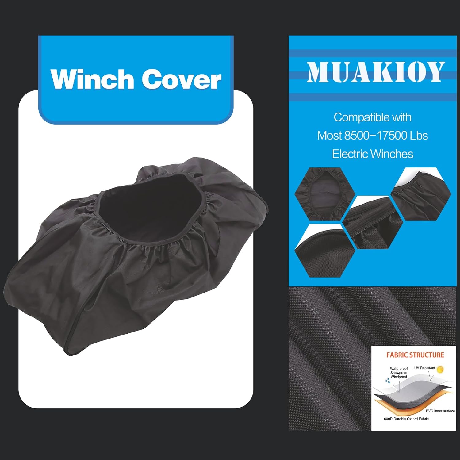 Winch Cover, Heavy Duty Waterproof Dust-Proof Winch Protection Cover, Ideal for Electric Winches 8500-17500 lbs, Indoor/Outdoor (21.5” x 9.5” x 7.5”) - Black — image 3