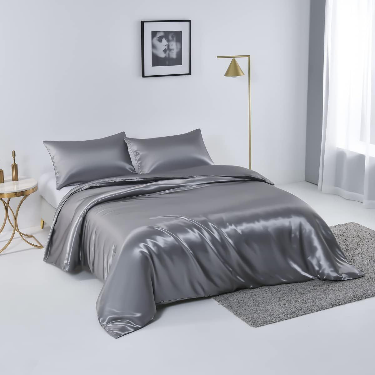 Satin Quilt cover Set Hotel 3 Pieces Quilt cover with Pillowcase, Art Silk Bedding Set-Luxury Soft Silky pillowcase for Hair and Skin, Similar to Silk — image 2