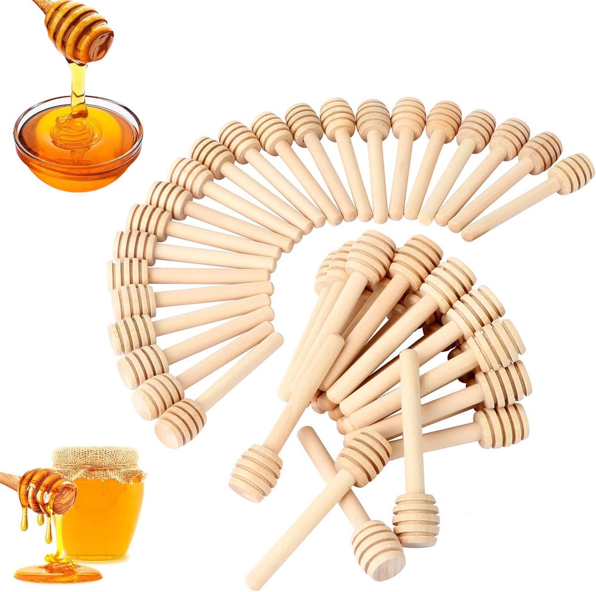 Wooden Honey Spoon - 50 Pieces Honey Stick - 8 Cm - Honey Dipper Sticks - Honey Stirrer - Sustainable - Kitchen Utensils - Breakfast - Ideal For Birthdays