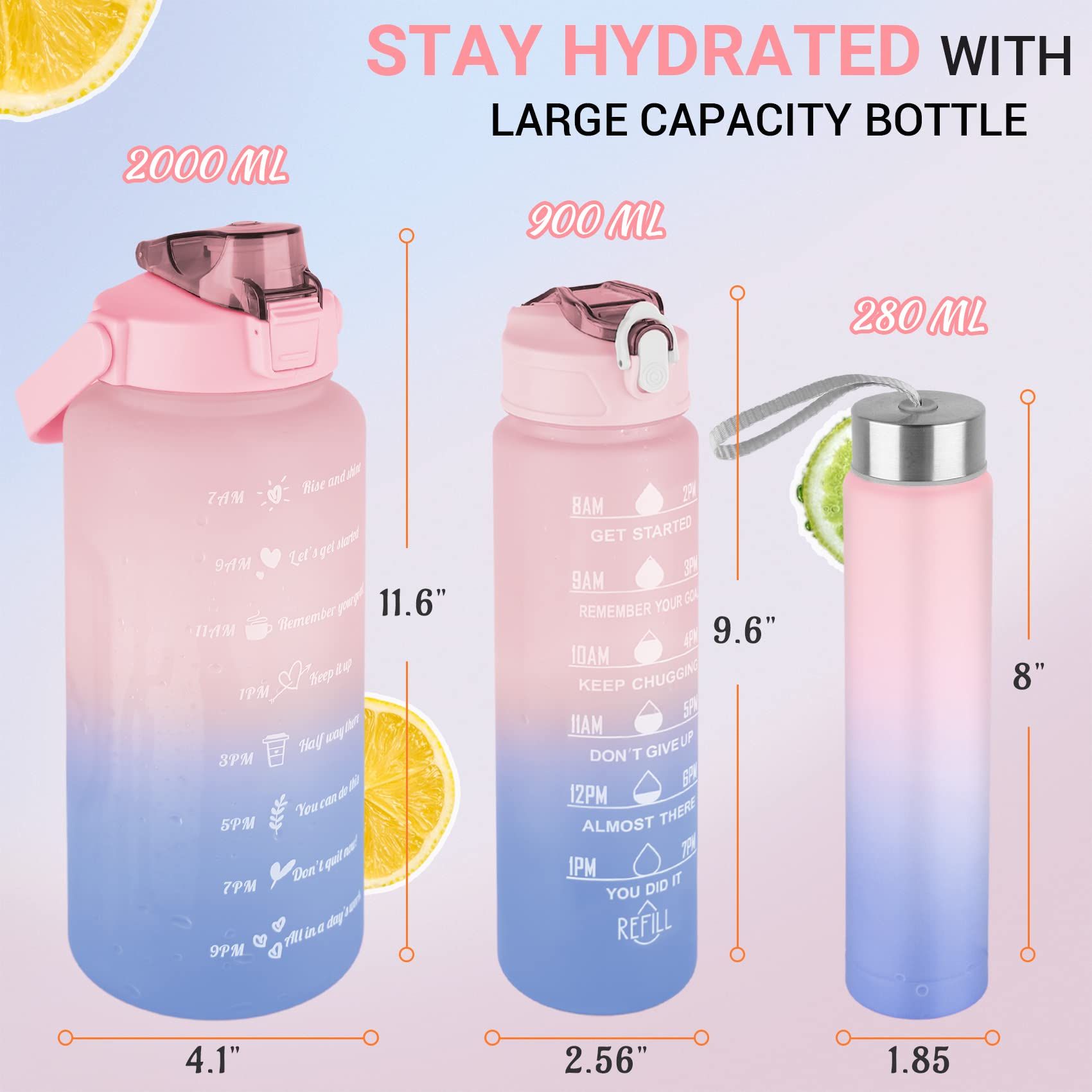Set of 3 BPA-free Water Bottles 64 oz, 32 oz, and 16 oz. Motivational design with handle and straw. Stay hydrated and inspired โ image 2