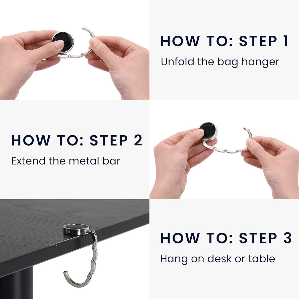 3 pieces - Bag hook - Hook for bags and backpacks - Bag hanger - Bag hooks - Bag hook table - Bag hanger on the table - Silver - Foldable - Zinc — image 3