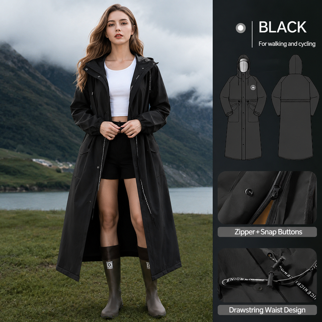 Black Full-Cover Hooded EVA Raincoat, Long Trench Coat Waterproof Rain Poncho with Adjustable Waist & Collar Drawstring, Zipper & Snap Windproof Closure