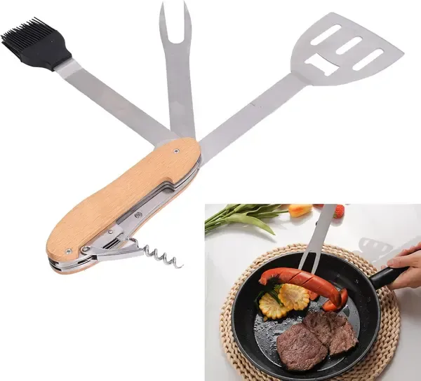 5-in-1 Foldable Stainless Steel BBQ Grill Multitool with Spatula, Fork and Bottle Opener for Camping, Picnics and Backyard Grilling — image 5