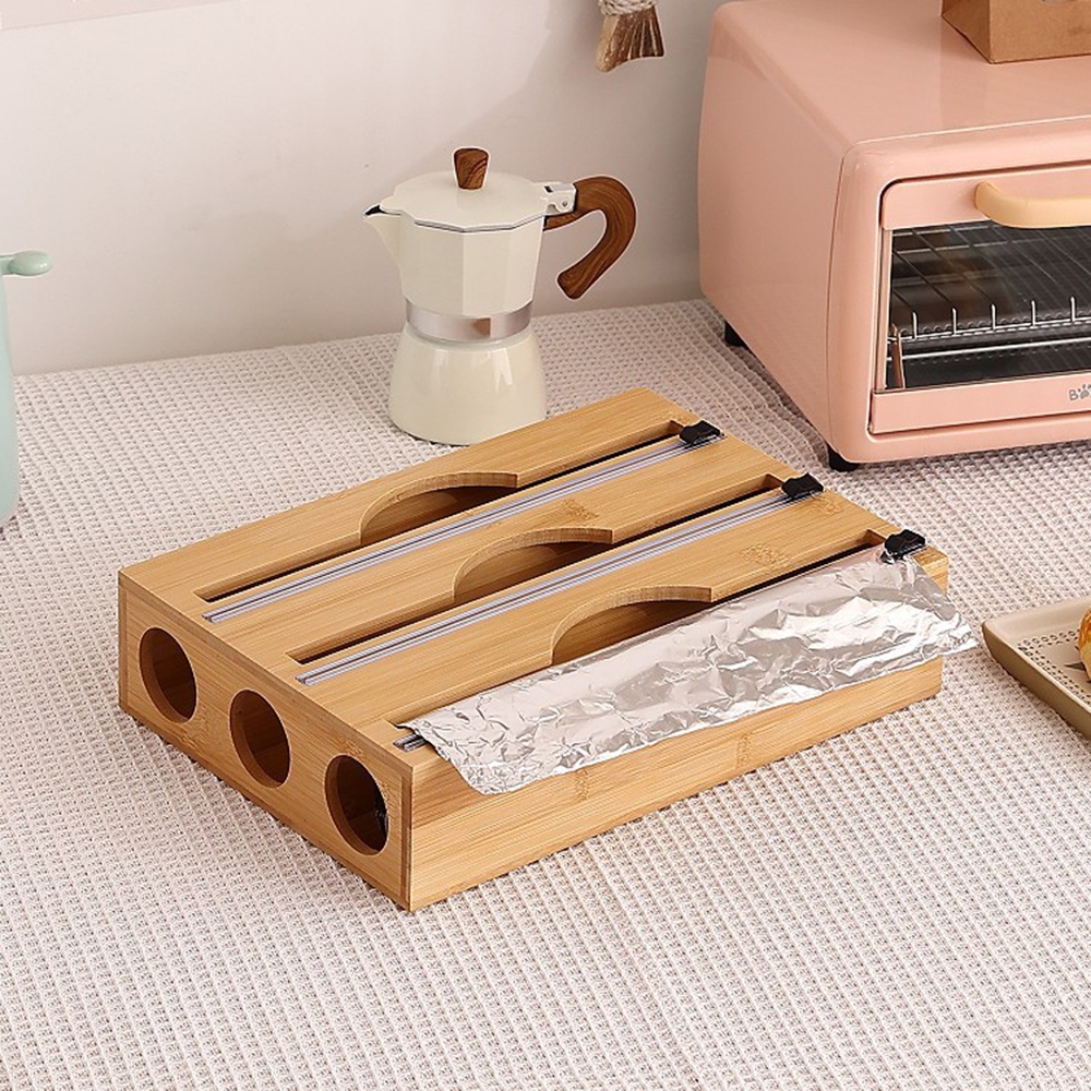 3 Grids Bamboo Food Wrap Dispenser Cutter Foil Cling Film Storage Holder Box Kitchen โ image 4