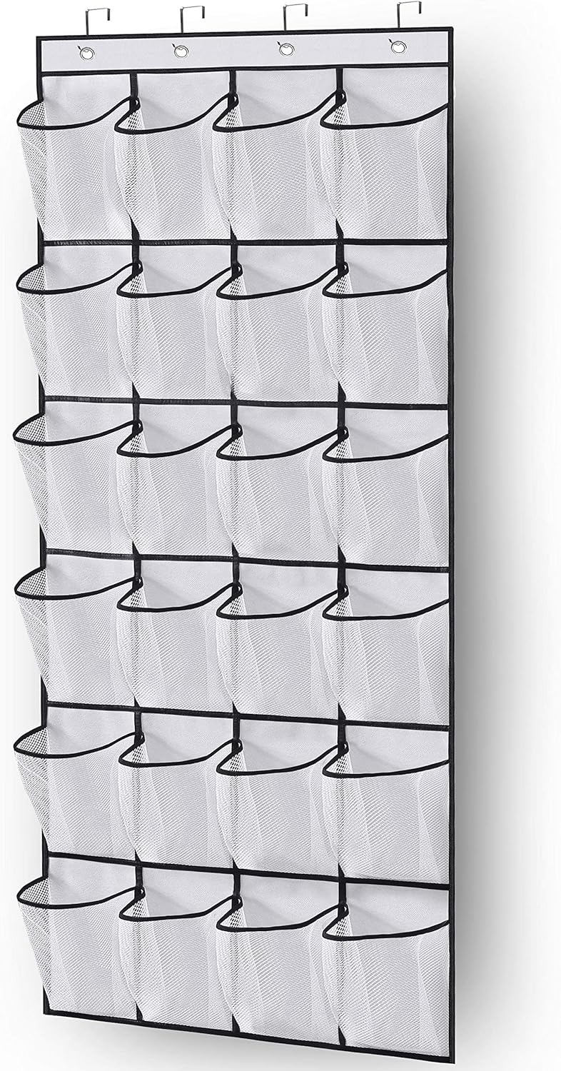 pc Over the Door Shoe Storage Organizer Hanging Shoe Rack Holder 24 Large Mesh Pockets for Closet Door Organization with Hangers White