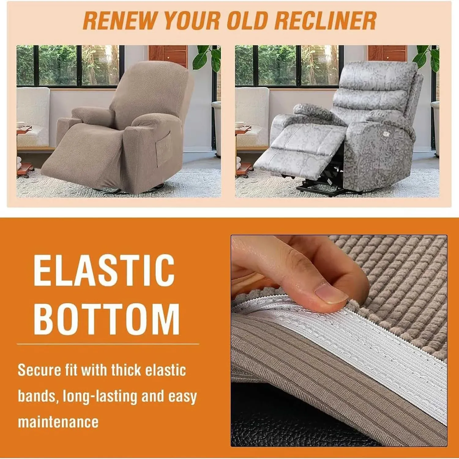 Recliner Slipcover High Stretch Soft Jacquard Fabric with Side Pocket for Standard Power Lift Recliner Beige, Letter E Option โ image 3