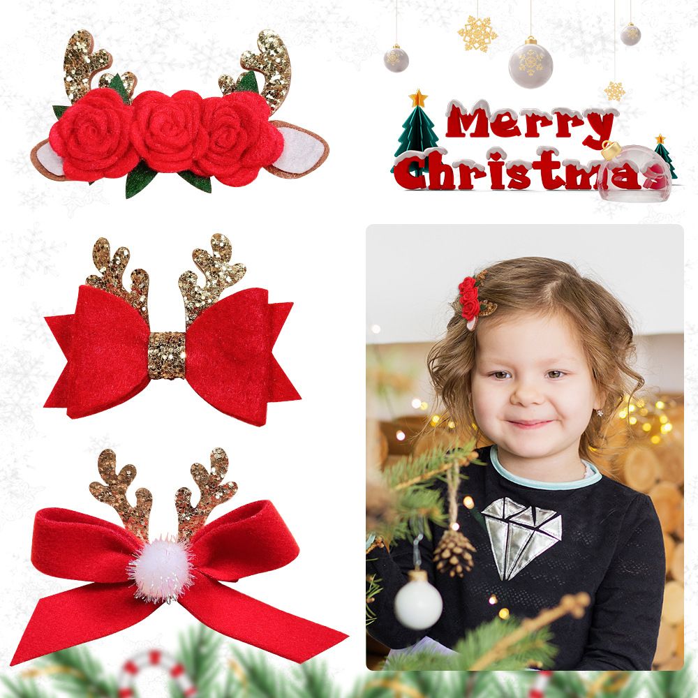 3 Pcs Christmas Hair Clips Glitter Antler Bow Hair Clips Christmas Bow Christmas Headwear for Girls โ image 2