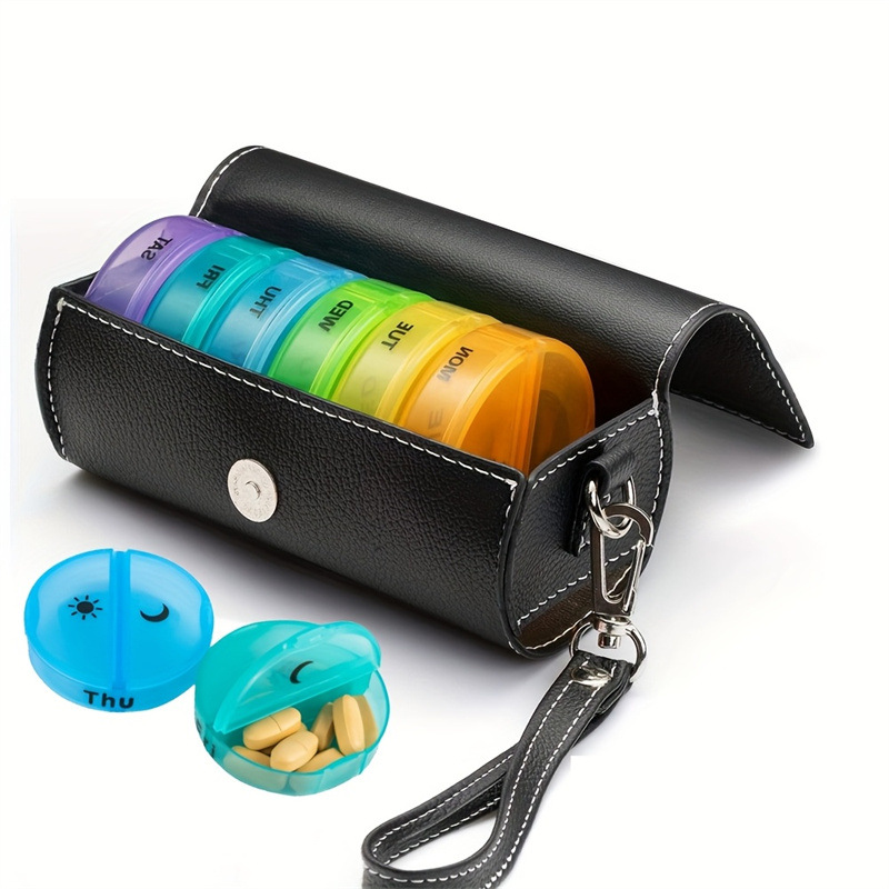 Portable 7-Day Weekly Travel Pill Organizer with Black PU Leather Pouch - 14 Colorful Compartments AM/PM Medication Planner, Dustproof & Light-Shielding — image 4