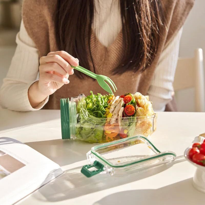 Green Portable All-in-One Side-Opening Salad Container Jar with Fork(10.5x19CM) - Plastic Layered Meal Storage Cup for Kitchen & On-the-Go โ image 3