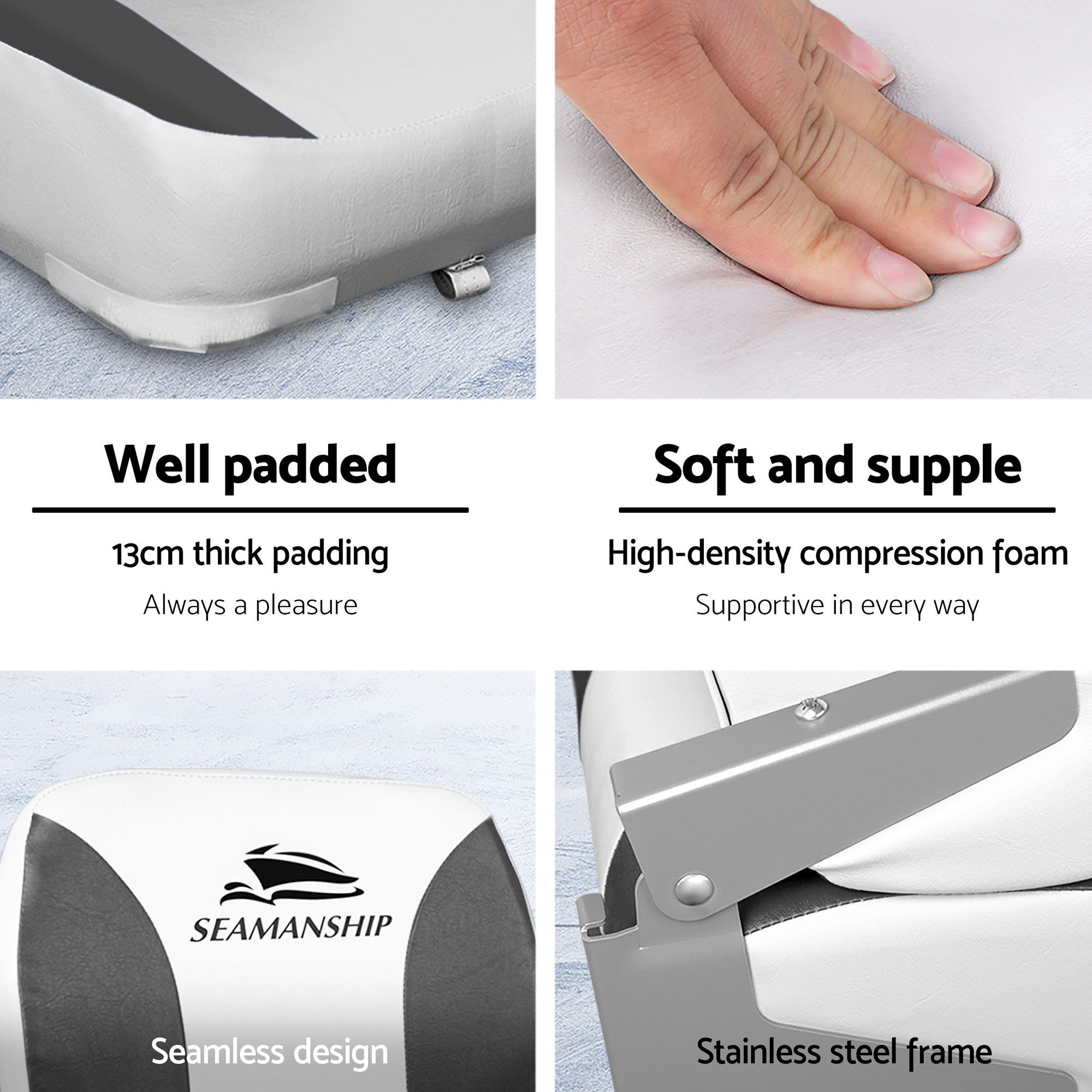 Seamanship 2X Folding Boat Seats with 2X Adjustable Pedestals 34–46cm Marine Swivel Low Back 13cm Padding Charcoal — image 4