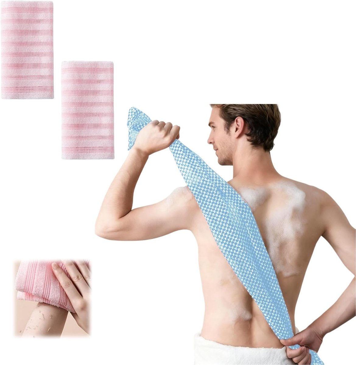 Back Scrubber Set | 2-Piece Exfoliating Shower Towel | Extra Long Exfoliating Washcloth for Men and Women - Scrub Cloth for Body Cleansing and Massage (Pink)