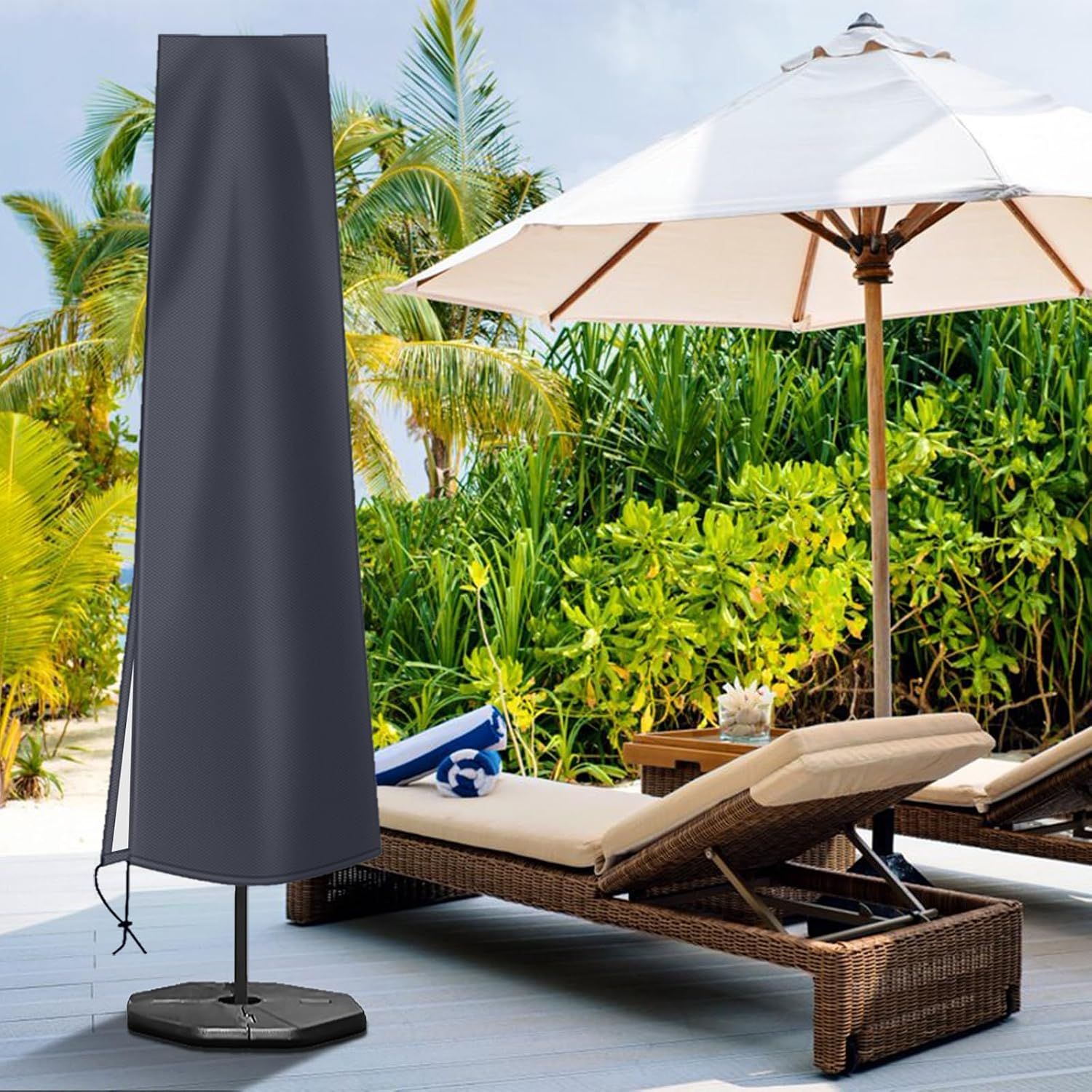 Waterproof 600D Parasol Cover with Zipper, Drawstring and Storage Pouch for Cantilever and Standing Parasols, Black, 190 × 50 × 30 cm — image 4