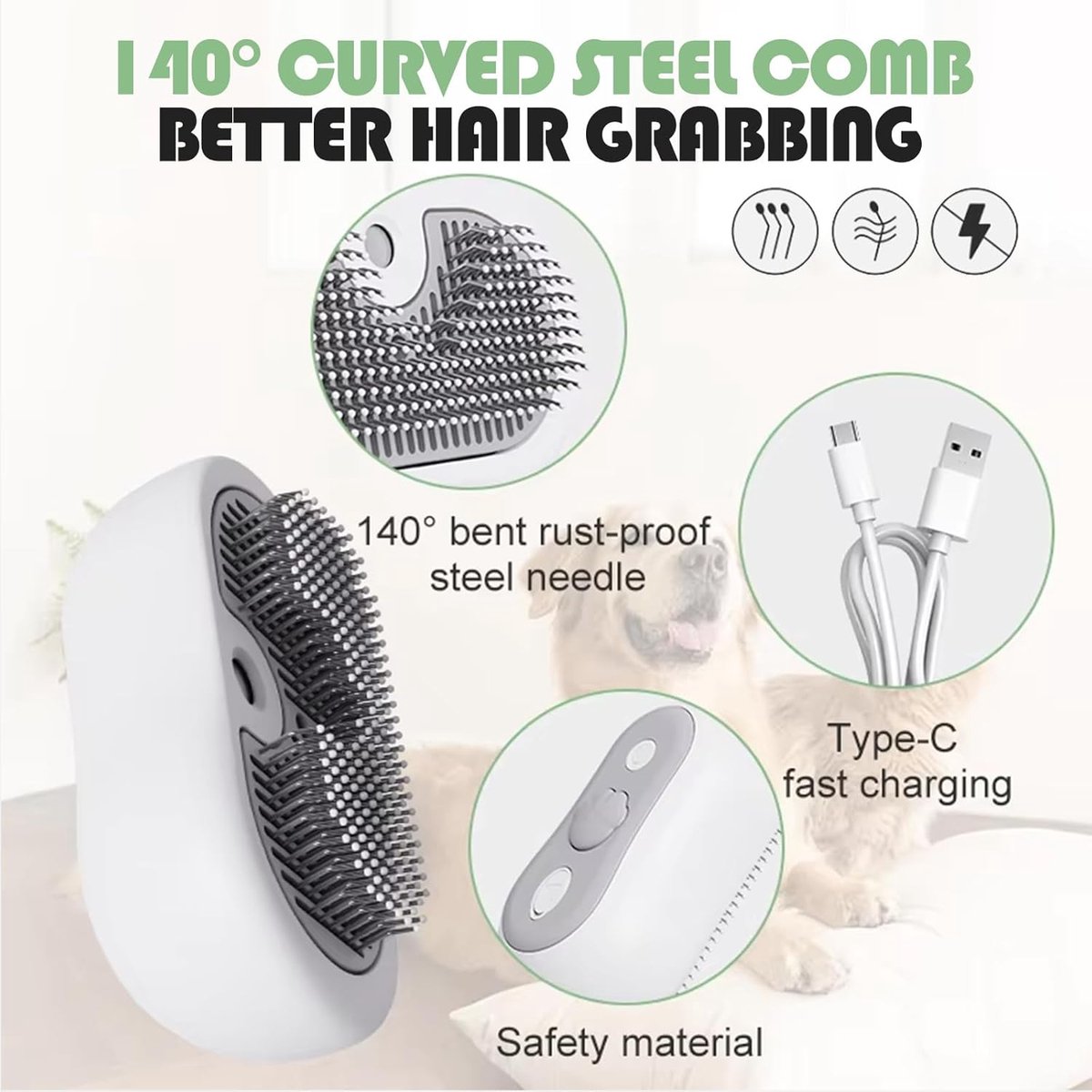 3-in-1 Steam Brush for Cats and Dogs - USB - Massage Comb - Hair Remover Brush - Dog Brush - Cat Brush with Water Reservoir and Release Button - Pet Grooming — image 4