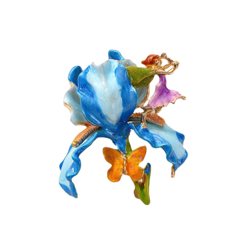 Vintage Large Flower Enamel Brooch with Fairy and Butterfly Blue - Luxury Floral Pin with Gift Box, Elegant Accessory for Women Coat Dress Scarf