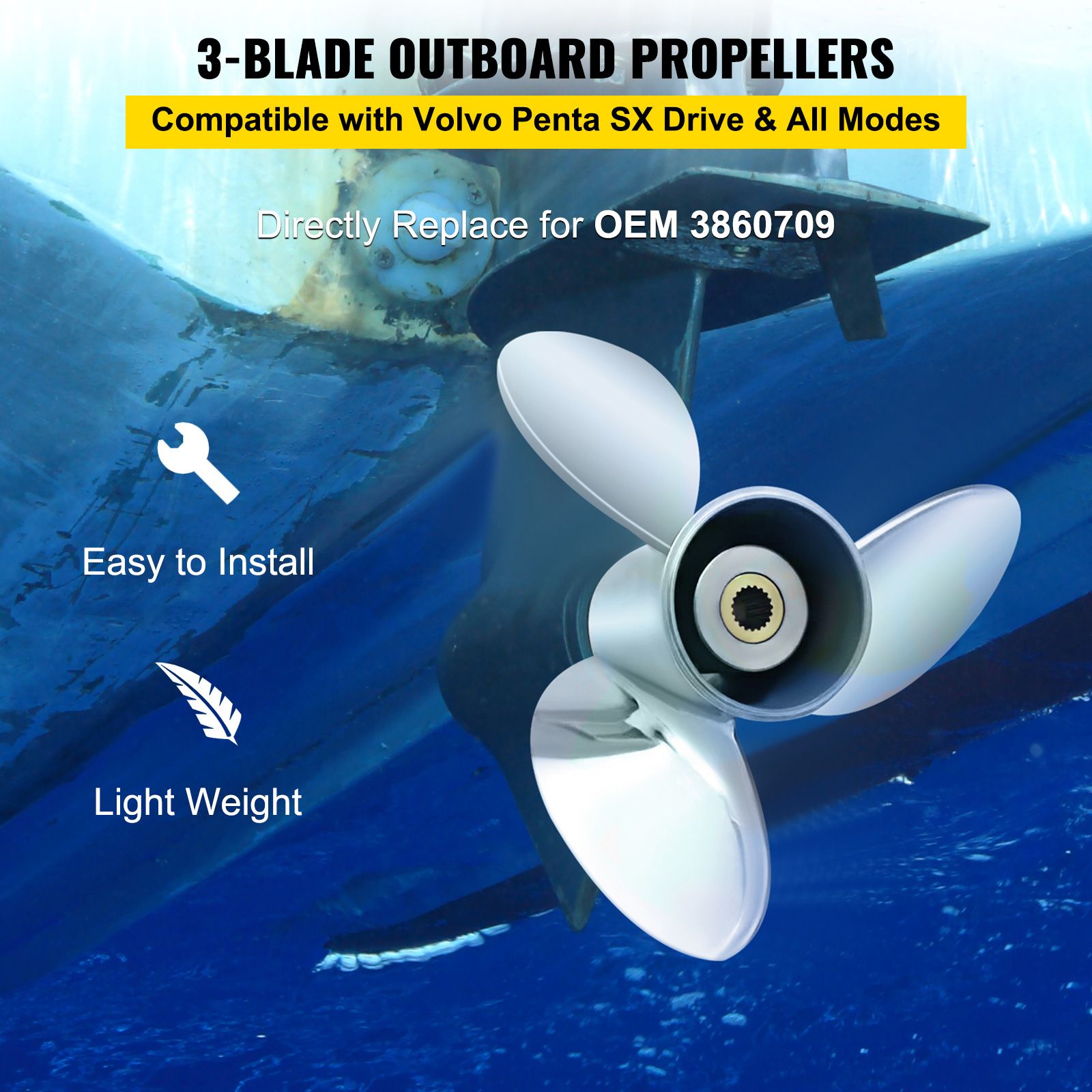 Outboard Propeller, Replace for OEM 3860709, 3-Blade 14.5/" x 21/" Pitch Steel Boat Propeller, Compatible with Volvo Penta SX Drive All Models, with 19 Tooth — image 2