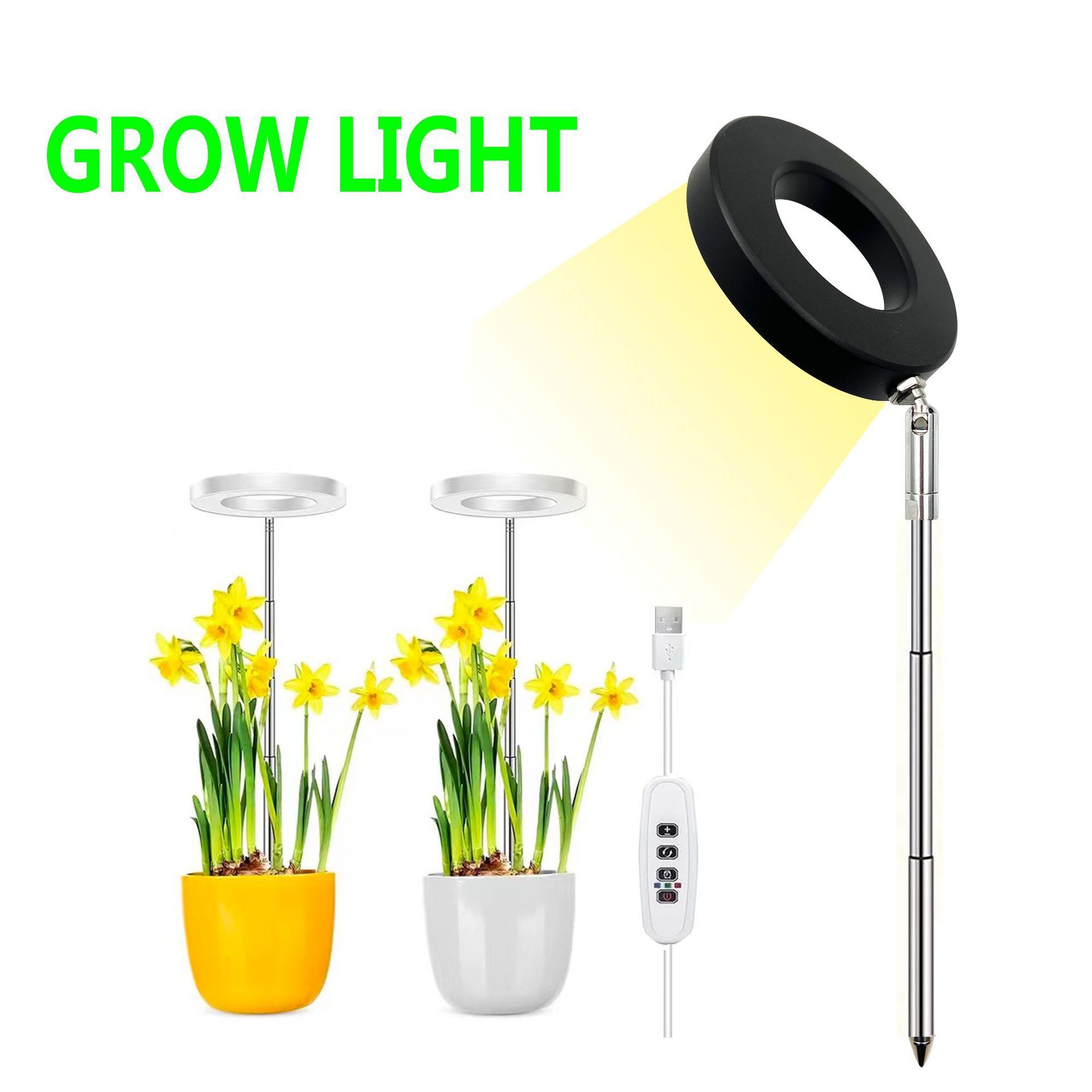 Angel Halo Ring LED Plant Grow Light, Full Spectrum Warm White & Red Blue for Succulents, Flowers, Adjustable Height and Angle, USB Powered Stake — image 2