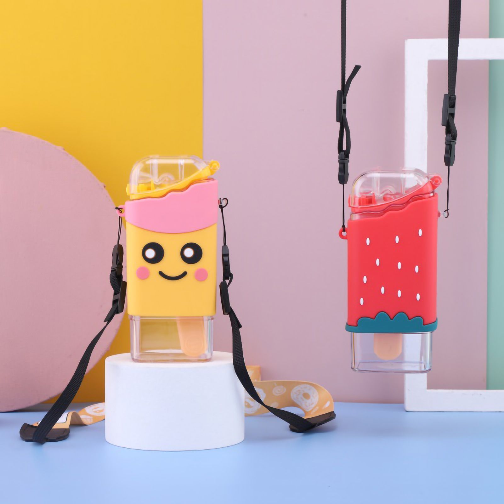 Portable Water Cup Cute Cartoon Design Large Capacity Plastic Water Bottle with Carry Cord Straw for Students Style 1 301ml‑400ml — image 5