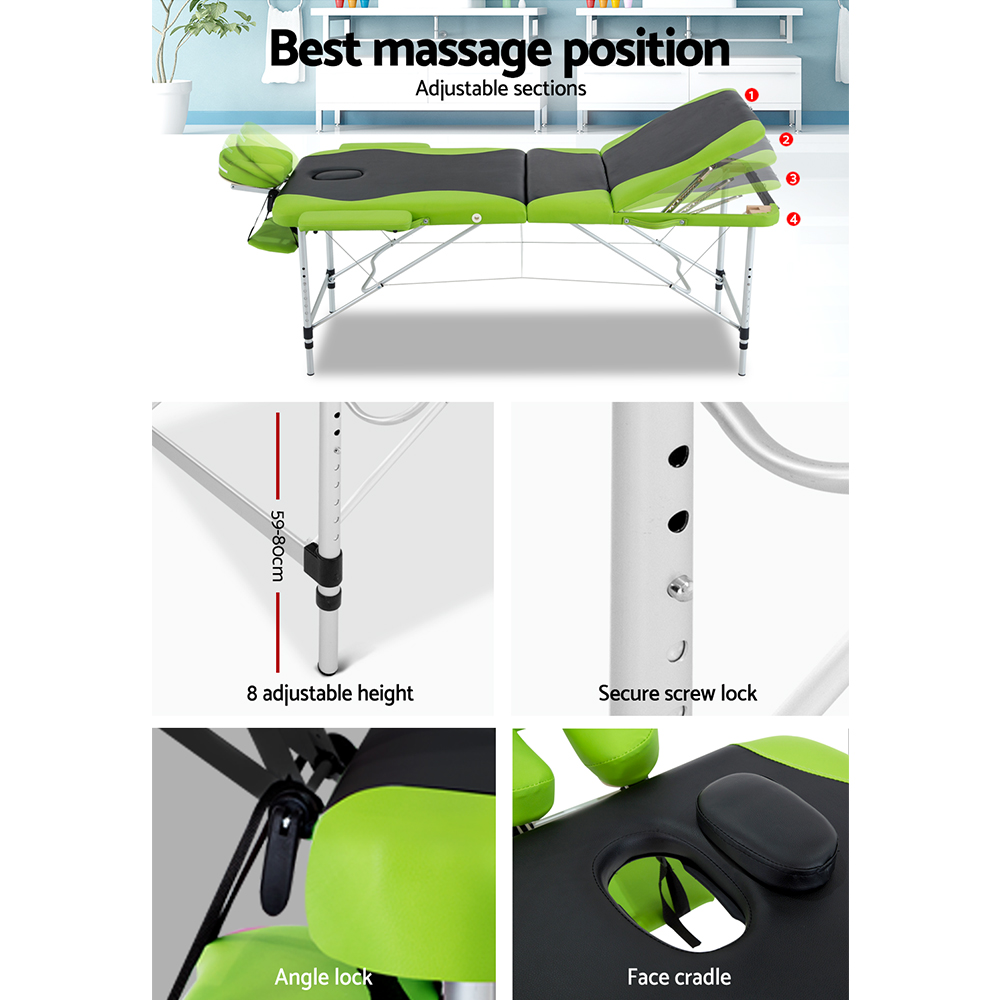 Zenses Massage Table 75cm Portable 3 Fold Aluminium Beauty Bed Green — image 5