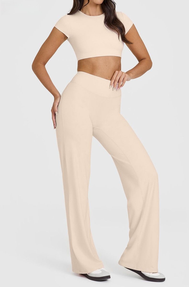 L Size Apricot High Waisted Flare Yoga Pants for Women - M-Shaped Peach Hip Lifting Wide-Leg Workout Trousers with Soft & Skin Feel Four Way Stretch Fabric โ image 2