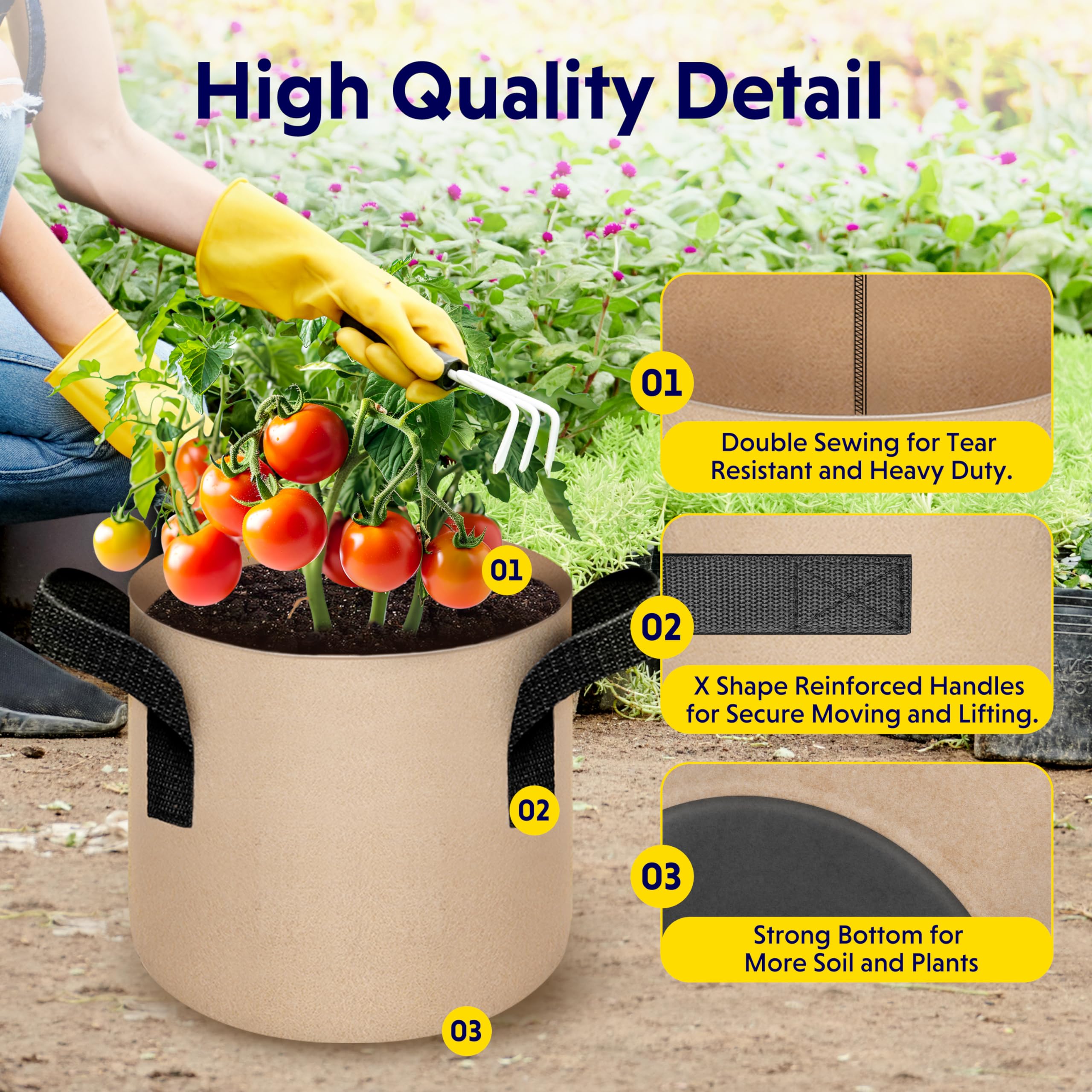 10-Pack 1-Gallon Fabric Grow Bags – Heavy-Duty Breathable Non-Woven Plant Pots with Handles for Vegetables, Herbs, Flowers (Camel) — image 3
