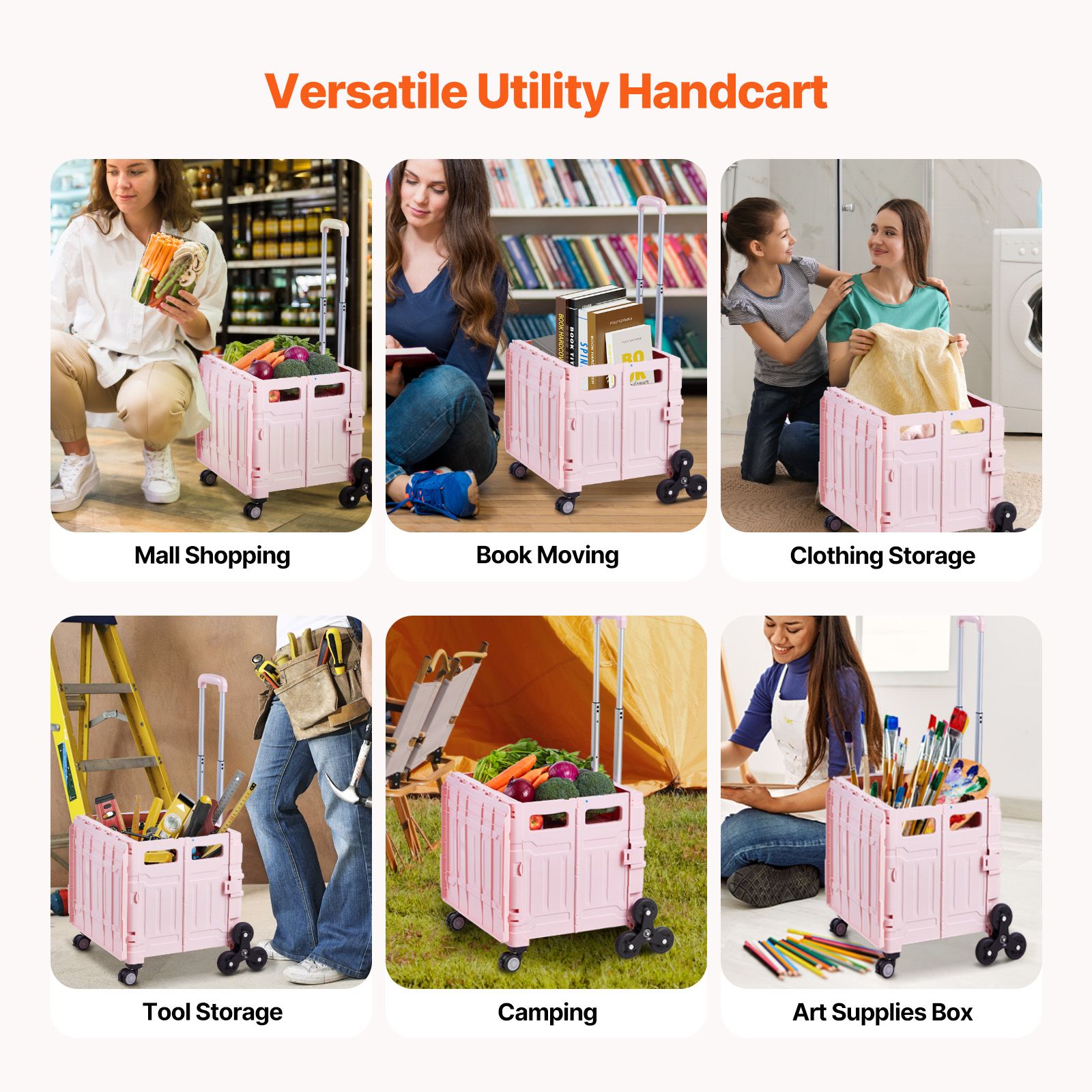 Foldable Utility Cart, 65L Collapsible Portable Crate Rolling Cart with Stair Climbing Wheels & 360° Swivel Wheels, Hand Cart with Telescoping Handle for — image 5