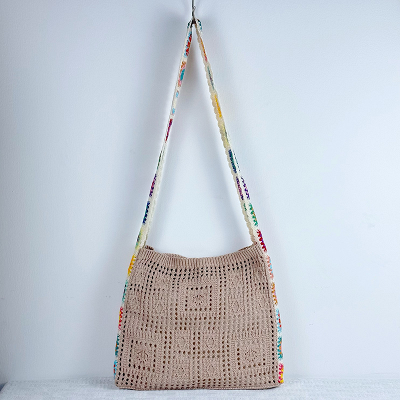 Light Khaki Chic Bohemian Hollow Knit Tote Bag | Large Capacity Crossbody Shoulder Bag | Versatile Casual Holiday Style