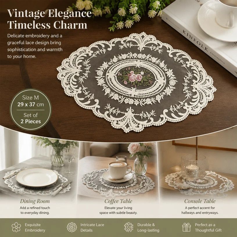 Elegant Vintage Floral Stitch Dining Mat Pack, Apricot Off White, Size M 29*37CM, 2 Pcs