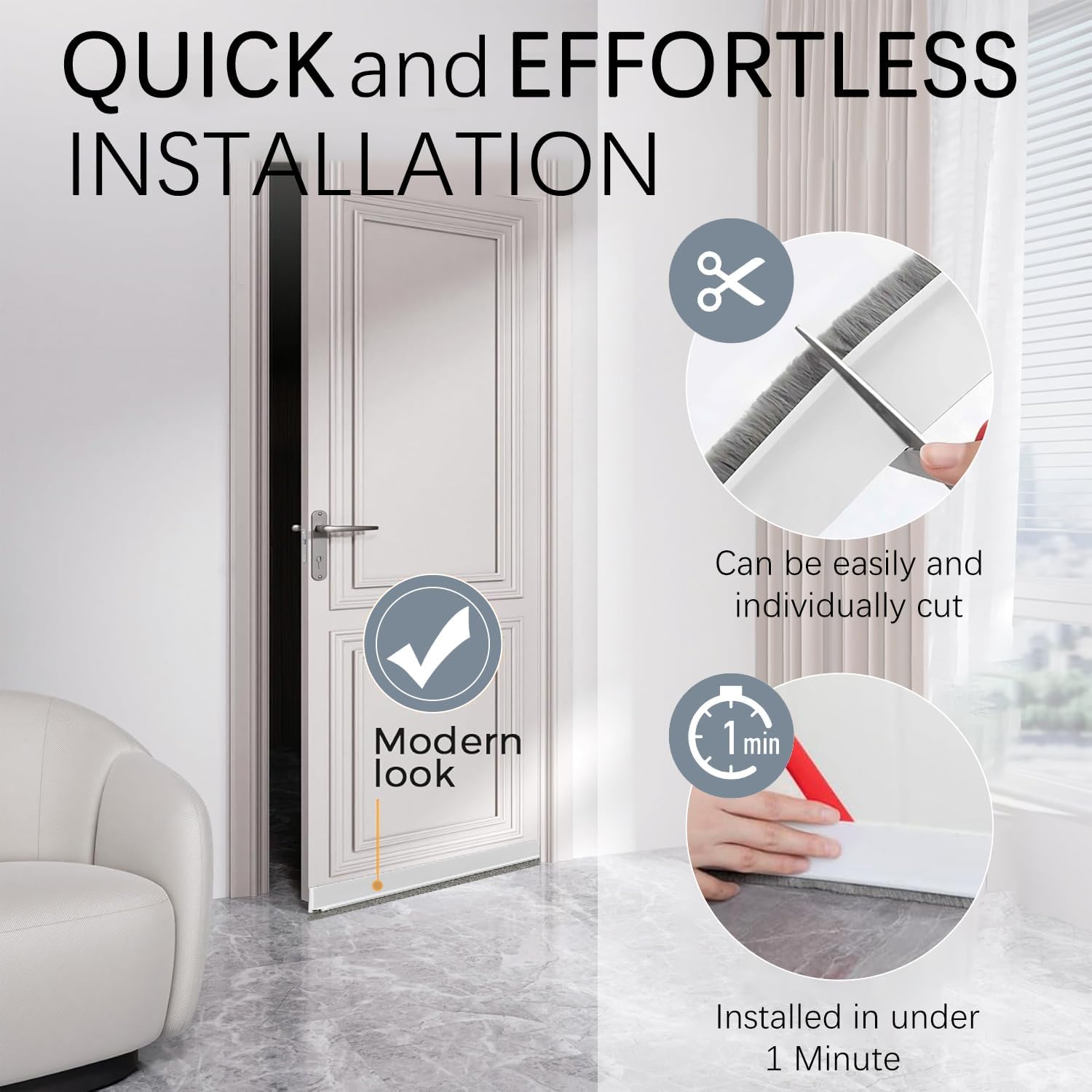 2 Pack Under Door Draft Stoppers with Brush Reduce Noise, Door Soundproofing Strip, Dust-Proof/Weather Stripping with Self Adhesive, Under Door Deal - White — image 5