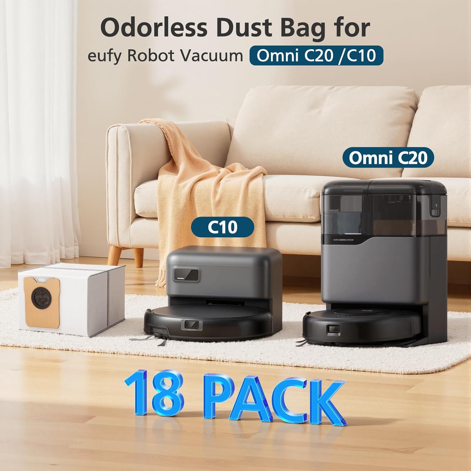 18 pcs Dust Bags for eufy Omni C20 C10 Robot Vacuum, 3.6L Large Capacity Replacement Bags with 3-Layer Odorproof & Leakproof Fabric — image 2