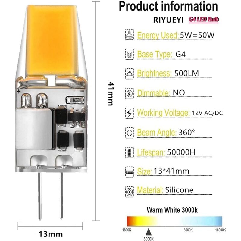 G4 LED Bulbs 6-Pack 5W Warm White 3000K Compatible with Halogen AC/DC 12V No Flicker 360° Beam Angle — image 2