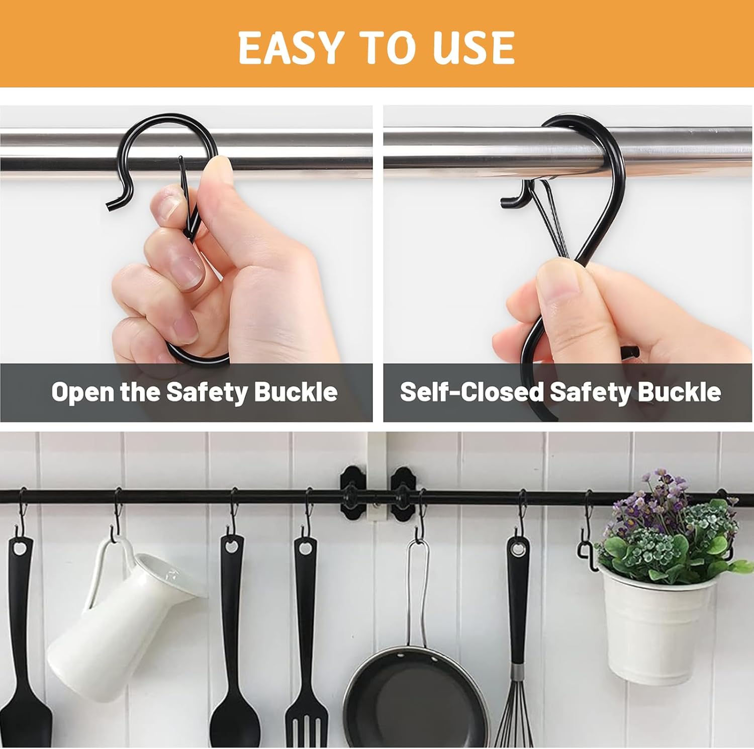 12 Pcs S Hooks for Hanging, Heavy Duty Metal S Shaped Hooks with Safety Buckle for Plants, Pots, Towels and Bags, 3.55 inch (Black) โ image 5