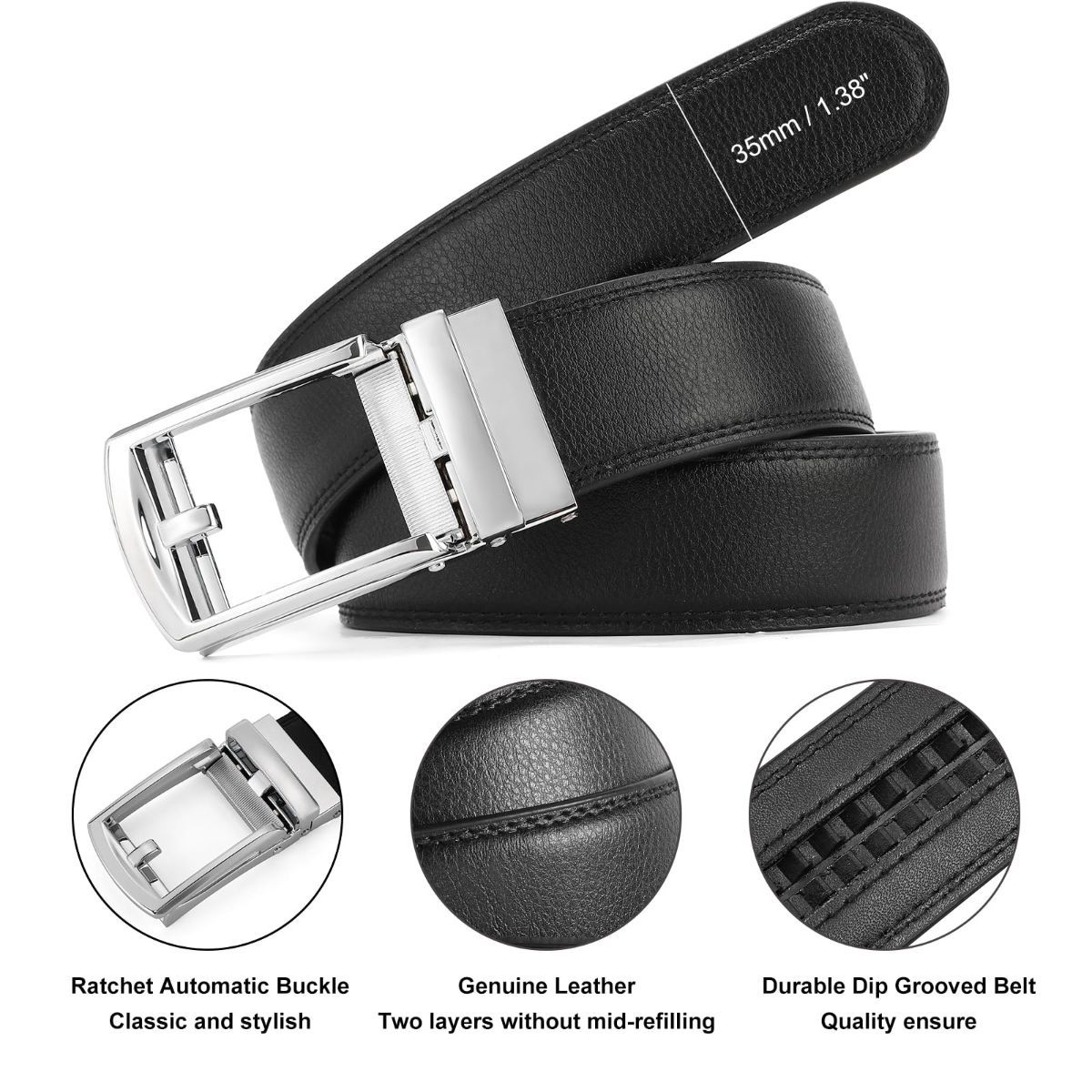Ratchet Belt for Men Genuine Leather - Micro-Adjust Buckle Trim to Fit Dress Belt Casual to Formal Gift Boxed - Basic Silver - Black - Size 34"-40" Waist — image 5
