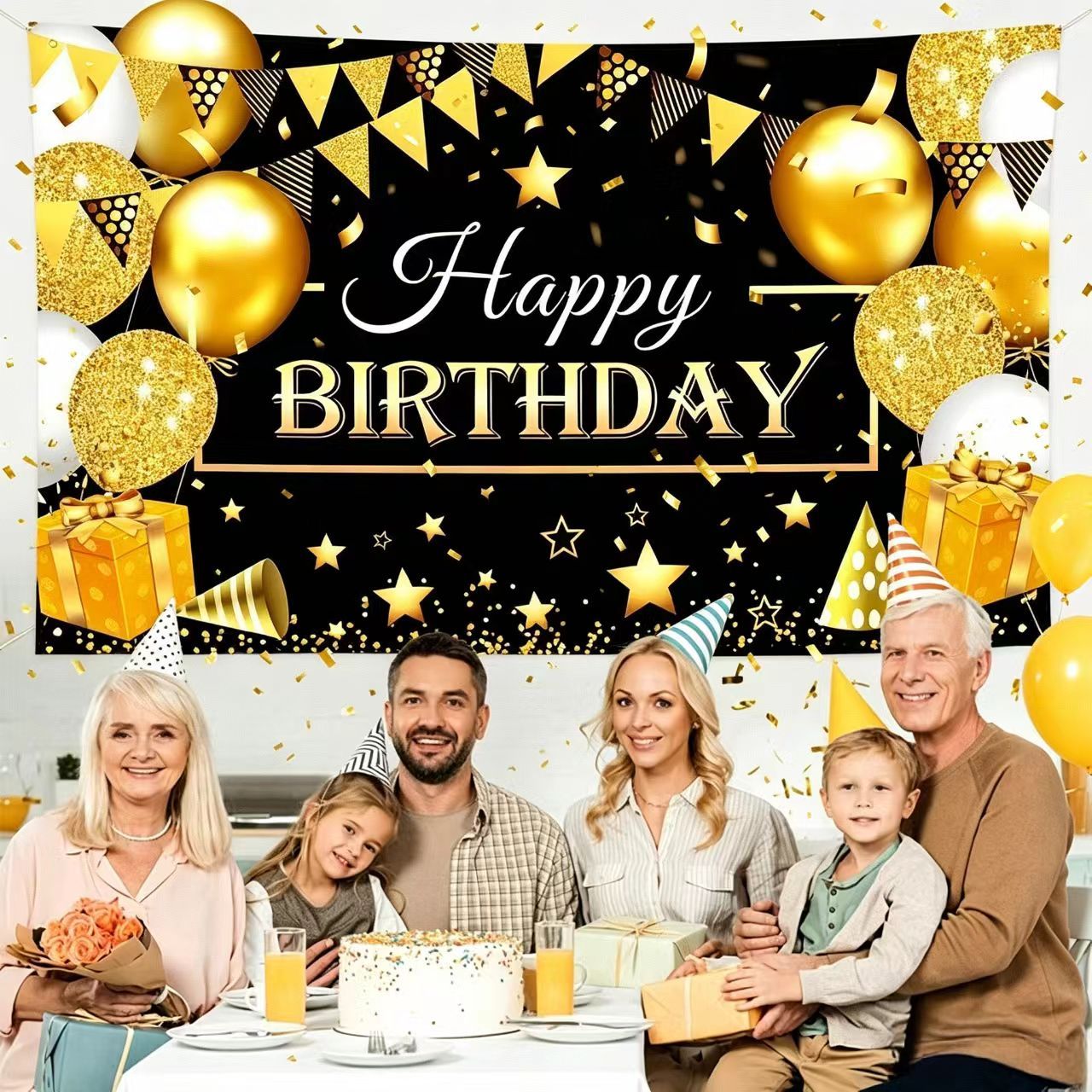 180*115cm Golden and Black Happy Birthday Banner - Glitter Party Backdrop & Confetti, Durable Polyester Wall Decoration for Birthday Parties, Photo Booth โ image 4